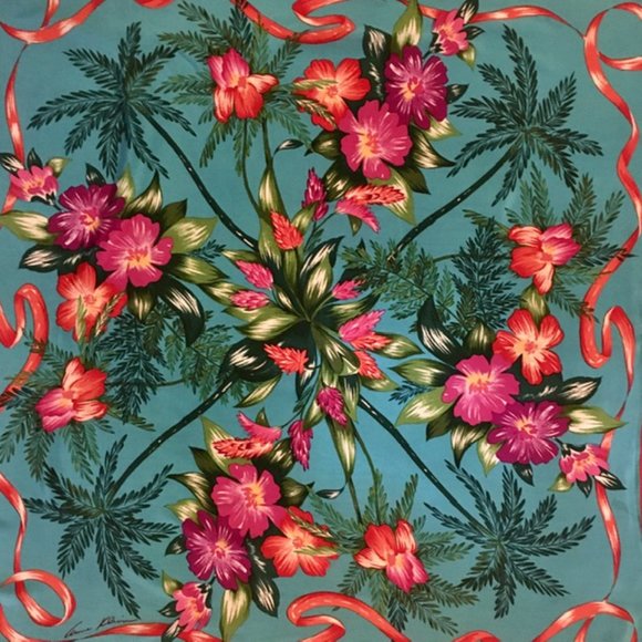 Anne Klein Silk Scarf Vintage Tropical Print on Turquoise - Picture 1 of 6